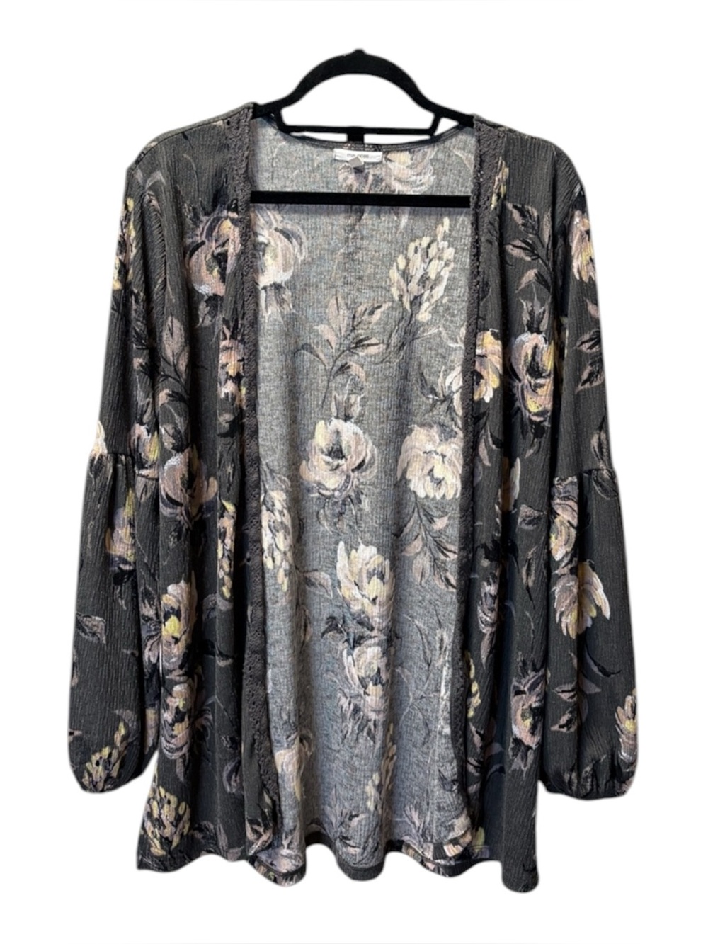 Maurices Floral Open Cardigan in Charcoal Gray with Cream/Pale Pink Flowers